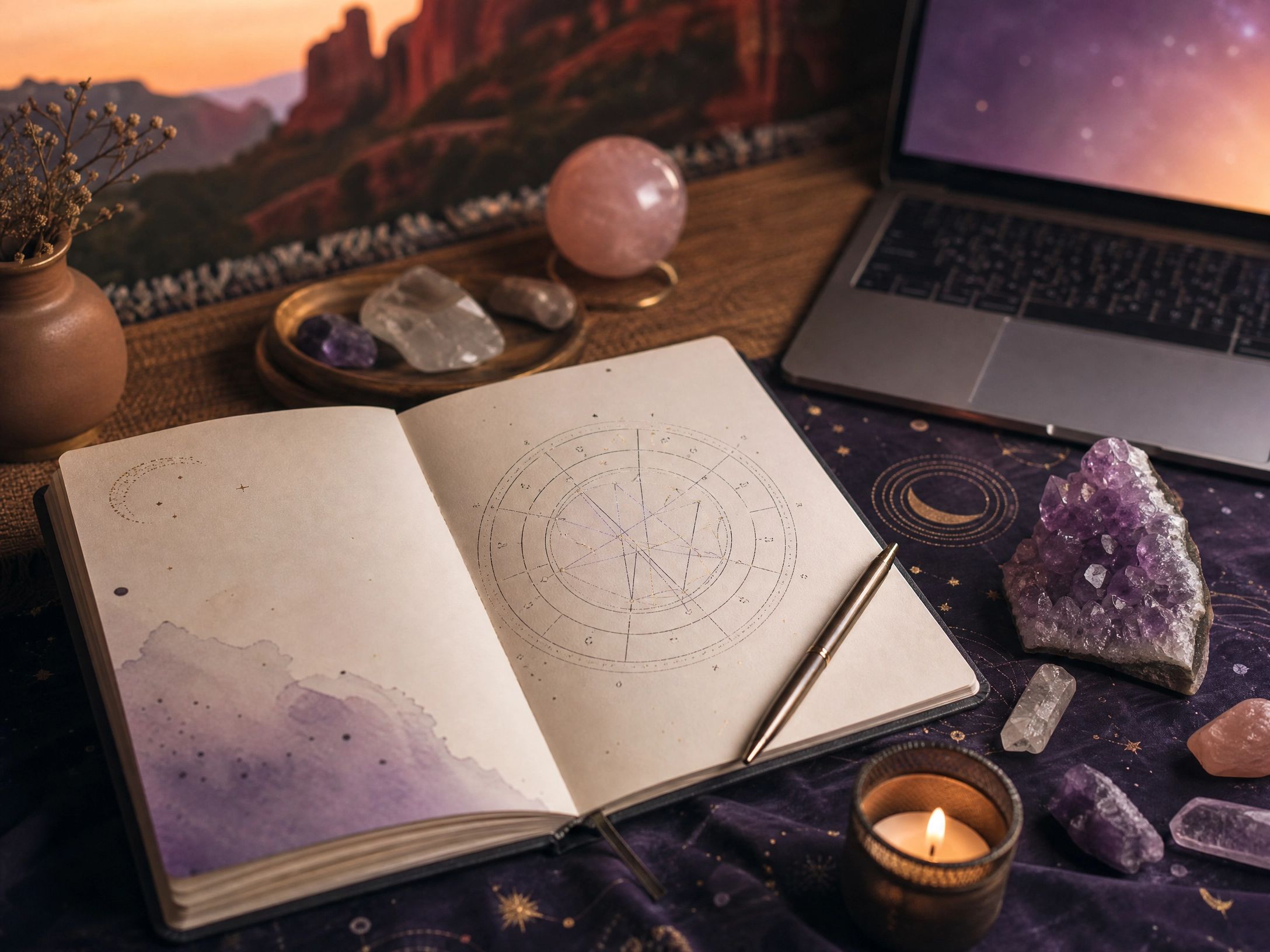 astrology reading setup with a journal and crystals in sedona arizona