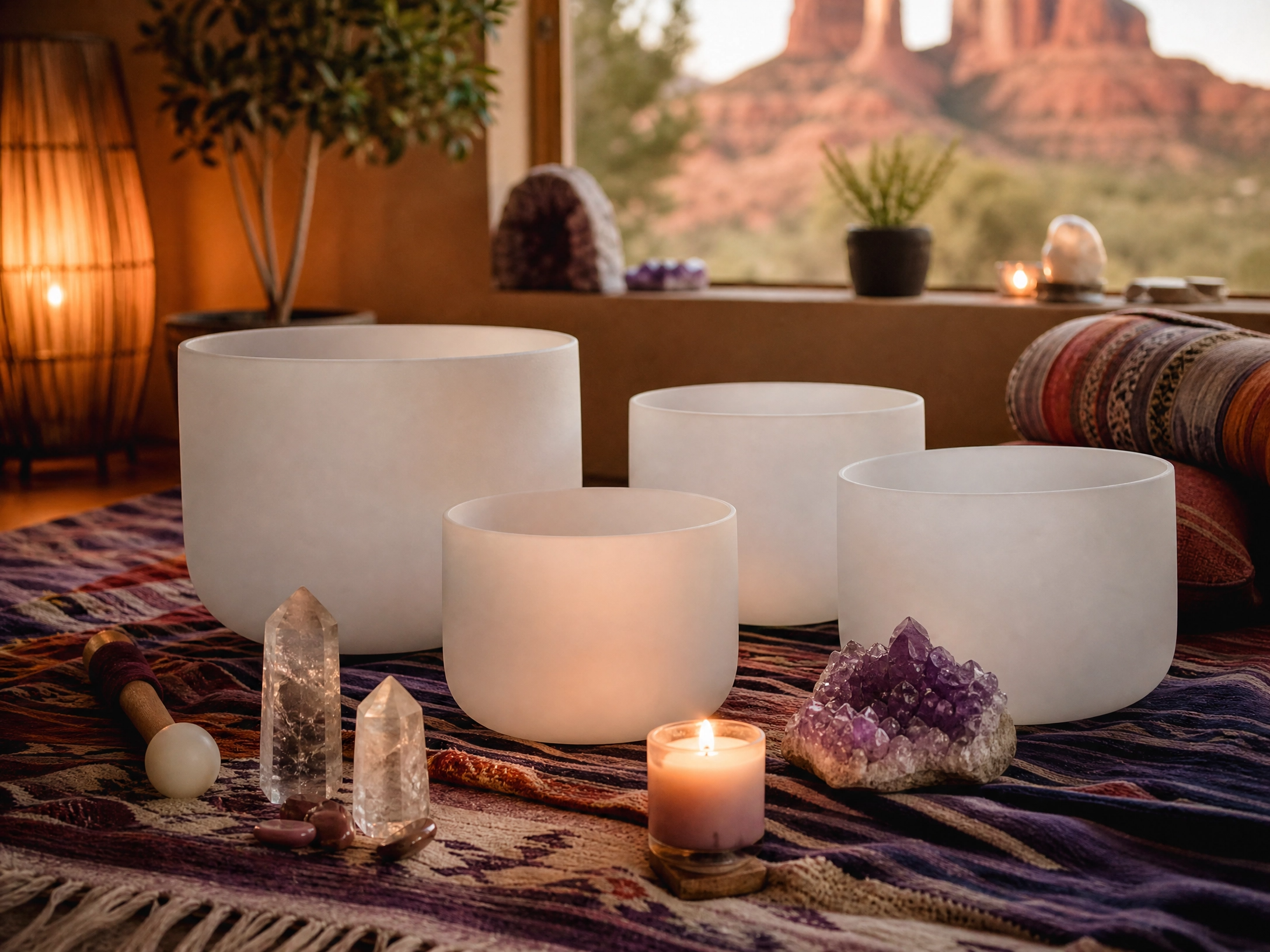 crystal sound healing bowls sitting in front of the red rocks