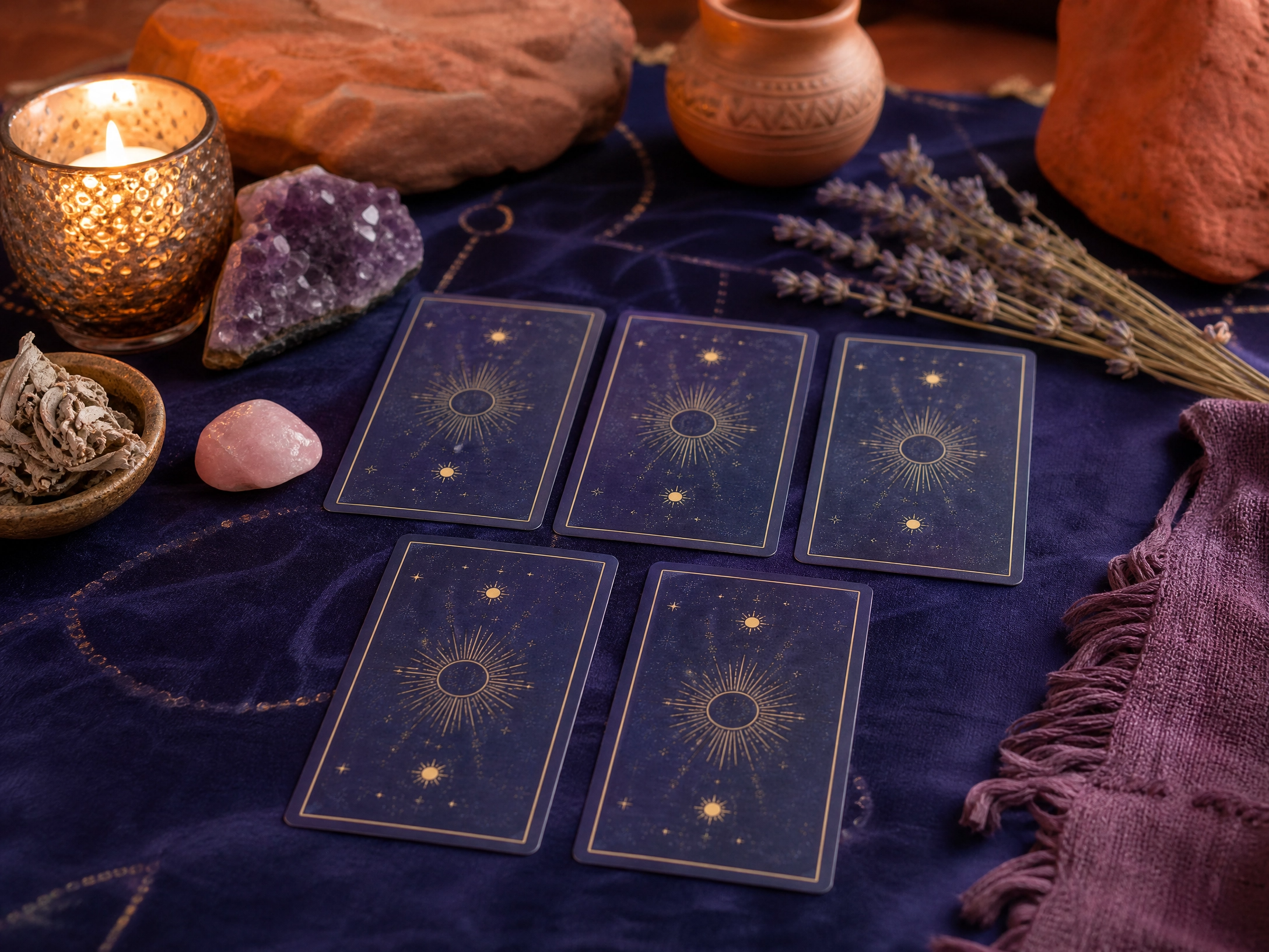 purple tarot cards sitting on a cloth for tarot reading in sedona arizona