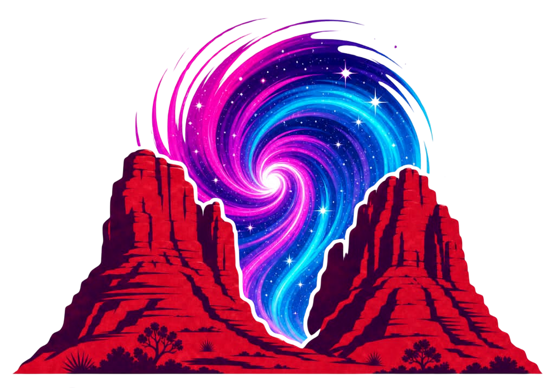 red rocks in sedona arizona - a vortex with swirling blue, purple, and pink in between them - cosmic sol logo