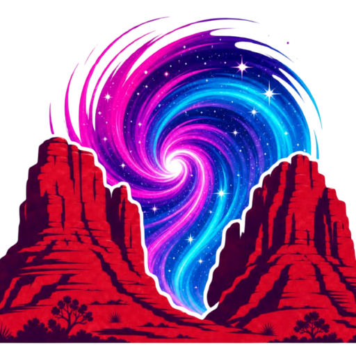 red rocks in sedona arizona - a vortex with swirling blue, purple, and pink in between them - cosmic sol logo