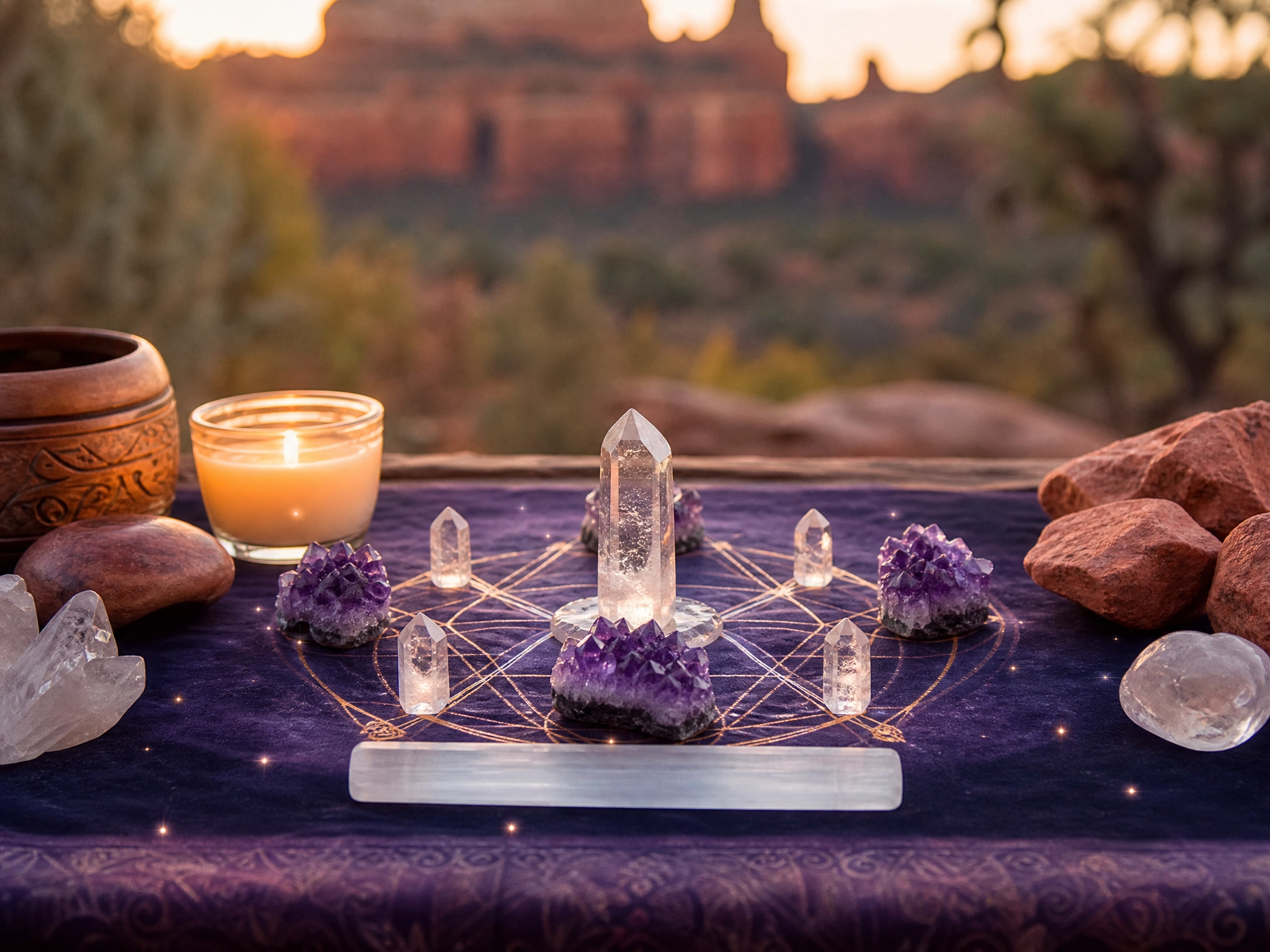 crystal grid and candles in front of the red rocks in sedona arizona